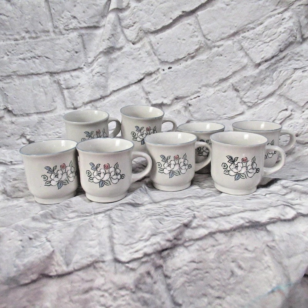Vintage 1970 Chantilly Fleur de Lune Stoneware Mugs Teacups flowered set 8 Japan